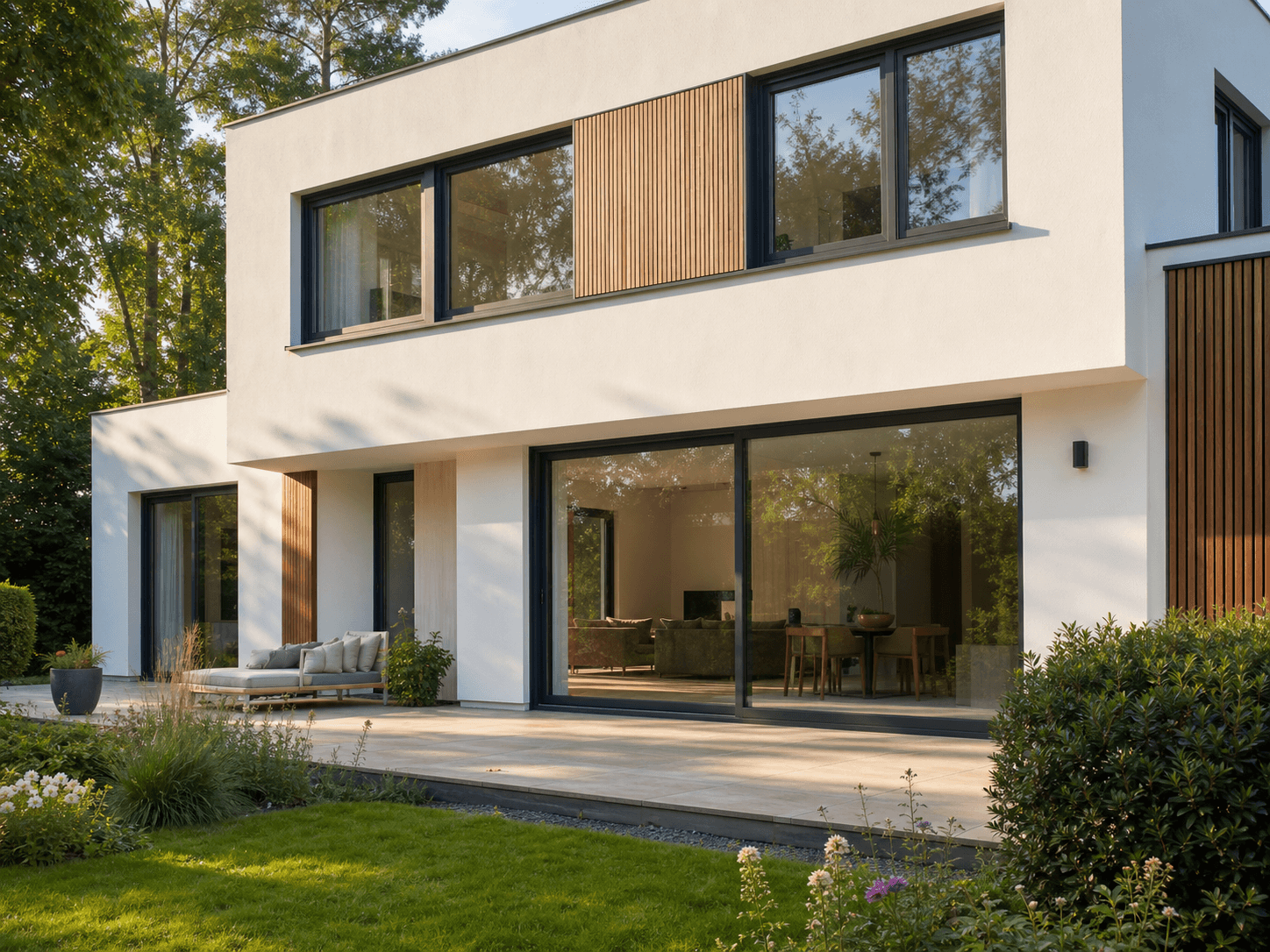 Modernisierte Fassade mit anthrazitfarbenen Fenstern und großer Schiebetür