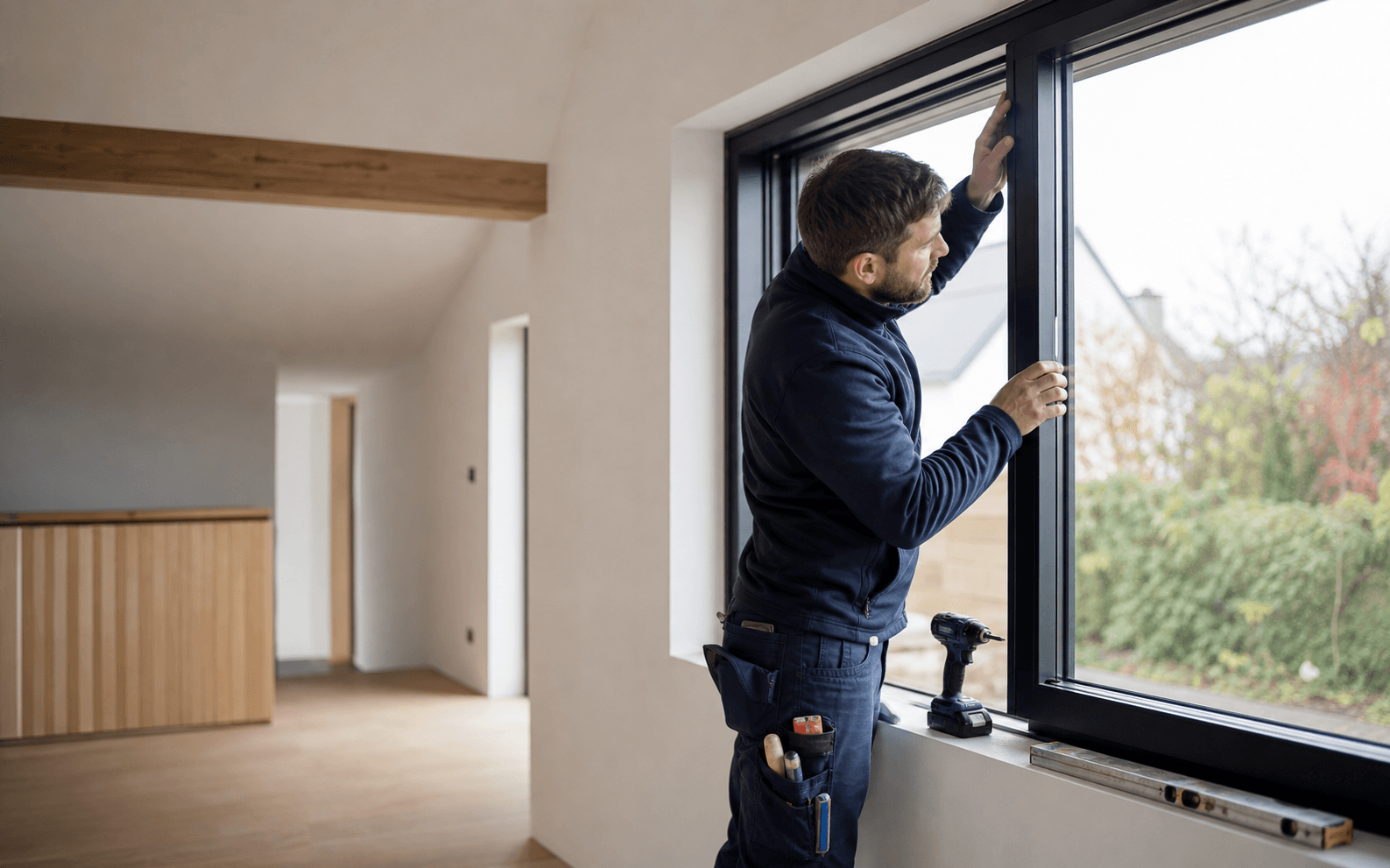 Fensterbauer bei der präzisen Montage eines großen, dunklen Fensterrahmens